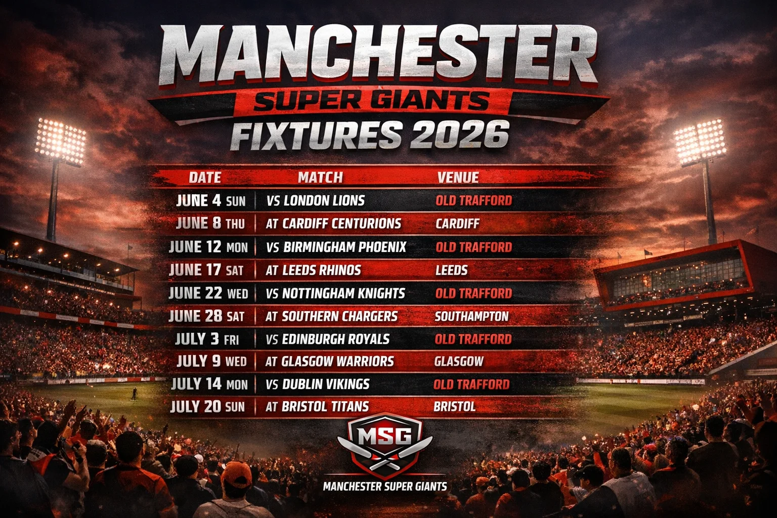 Manchester Super Giants Fixtures