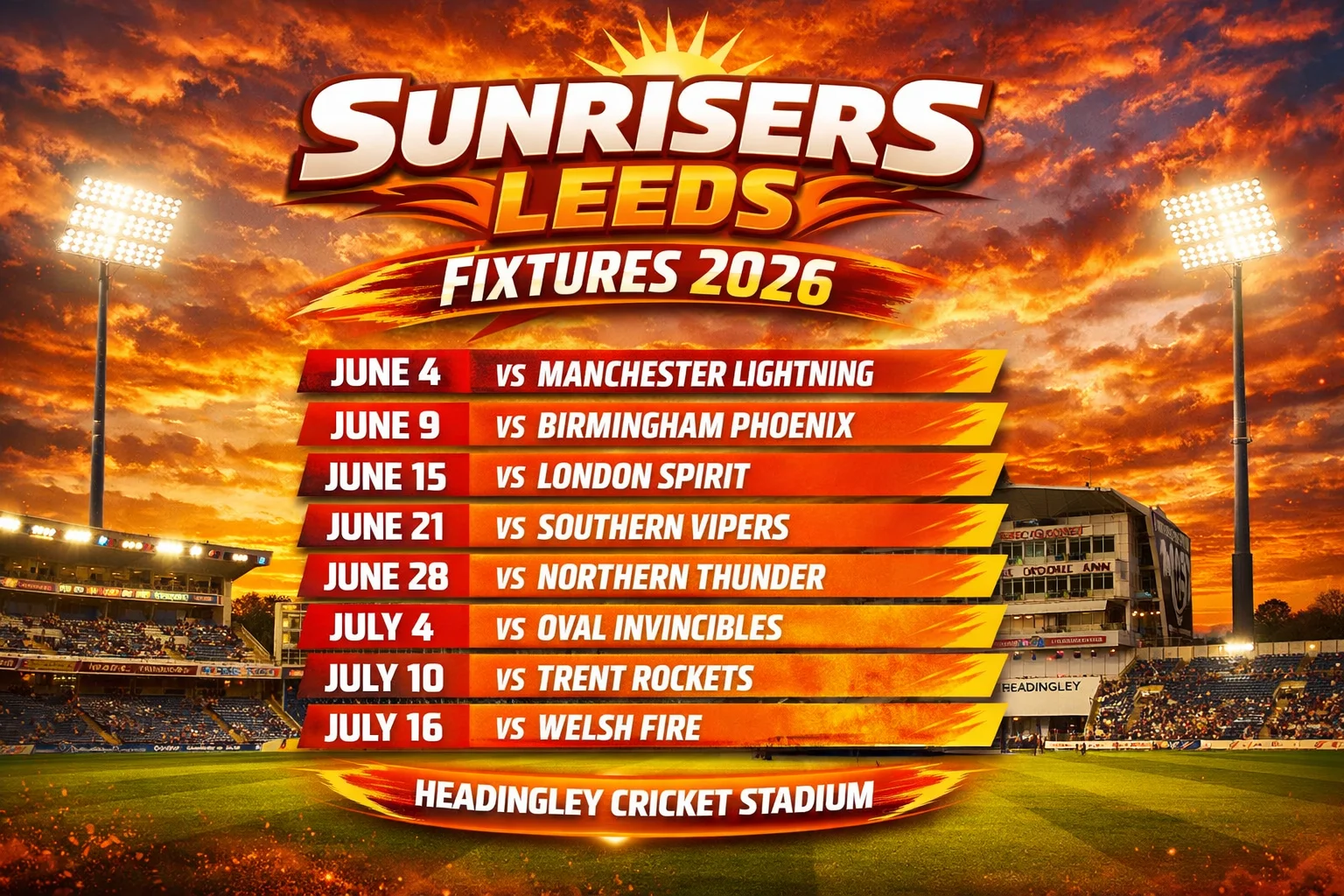 Sunrisers Leeds Fixtures 2026