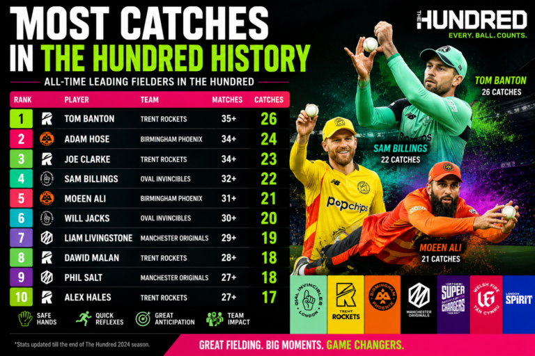 Most catches in the hundred history